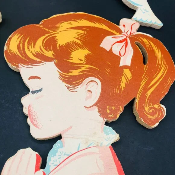 50s Dolly Toy Co Praying Kids Pressed Cardboard Wall Hangings Set Vintage Kitsch - Picture 12 of 14